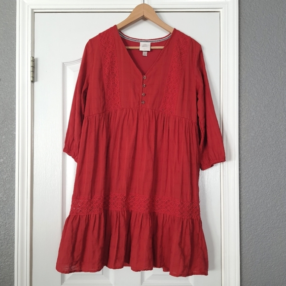 Knox Rose Babydoll Dress Womens S Red Boho Peasant Button Front 3/4 Sleeves Lace - Picture 1 of 10